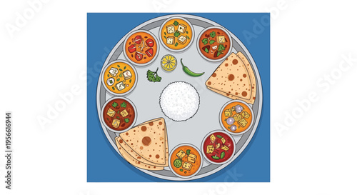 A colorful top down view of an indian thali meal with various dishes and flatbreads silhouette high quality professional detailed modern elegant