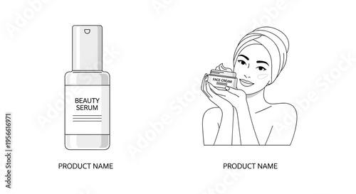 Beauty serum bottle and woman applying cream in minimalist line art style in black and white color for skincare and beauty product advertising