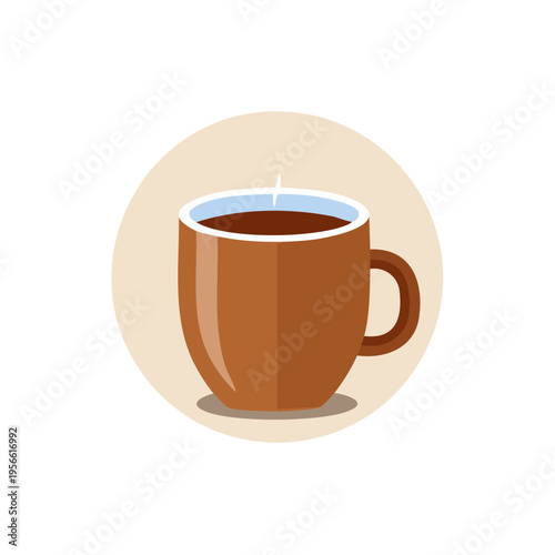 Hot steaming coffee in a brown mug with a light blue rim on a beige circular background