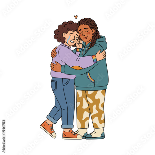 Crying woman in purple sweater warmly hugging her partner wearing teal hoodie with rainbow cuffs