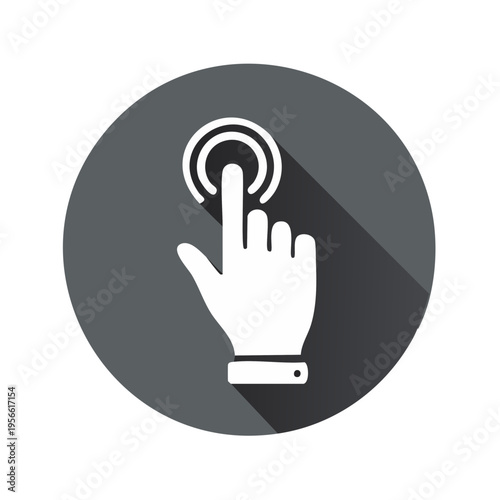White hand pointer finger touching circle icon with long shadow