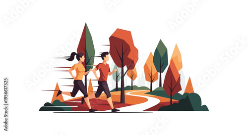 A couple joyfully runs along a winding path through an autumnal forest landscape rendered as a striking silhouette high quality professional