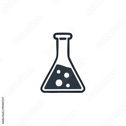 Icon of a dark blue laboratory flask with bubbly liquid inside against a light gray background