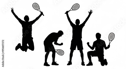 Tennis player silhouettes on white background — four celebrating athletes jumping, bending, arms-raised and kneeling with rackets.