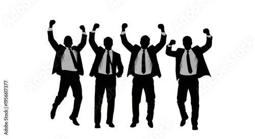 Businessmen celebrating silhouettes on white background — four men in suits jumping and cheering with arms raised.