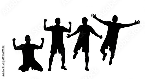 Soccer player silhouettes on white background — four celebrating athletes in kneel, flex, running and jump poses.