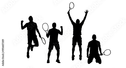 Tennis player silhouettes on white background — four dynamic athletes in serve, forehand, celebration, kneeling