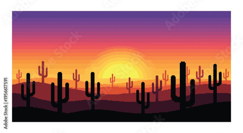 A vibrant desert landscape at sunset features dark cactus silhouettes against a colorful gradient sky silhouette high quality professional detailed modern