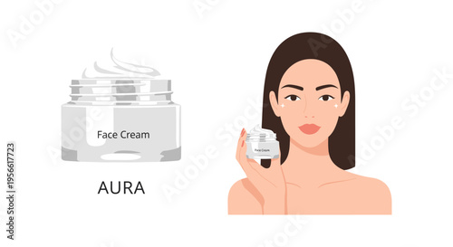 Woman applying face cream in minimalist flat design with soft natural lighting for skincare advertising