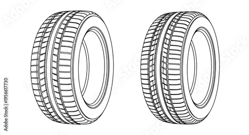 Two car tires illustrated with detailed tread patterns in a monochrome sketch
