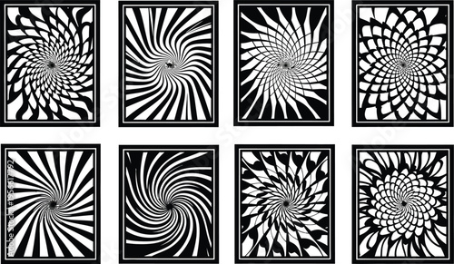 Eight abstract black and white swirling patterns featuring hypnotic optical illusions perfect for modern graphic design and conceptual backgrounds