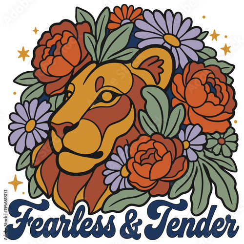 Geometric Lioness Profile with Floral Mane, "Fearless & Tender" Bohemian Print