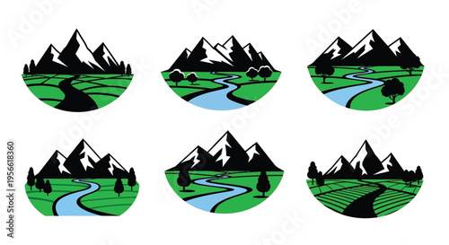 Stylized mountain landscapes in circular frames showcasing natural scenery and water