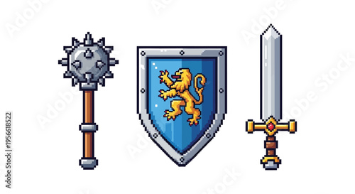 Pixel art depicts a medieval mace shield with a golden lion and a sword all in a flat silhouette high quality