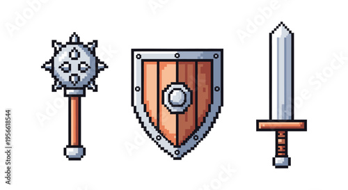 Pixel art weapons including a mace shield and sword are displayed in a minimalist arrangement silhouette high quality professional detailed modern
