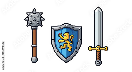 A pixel art arrangement of medieval weaponry including a mace shield and sword presented as a silhouette high quality professional detailed