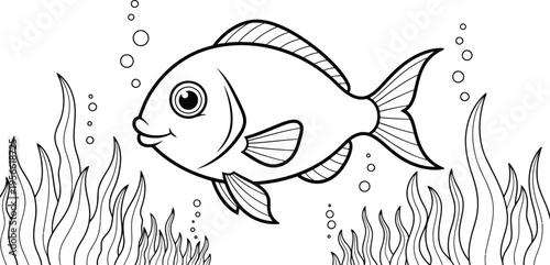 A cartoon fish swimming in the ocean with seaweed and bubbles