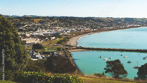 view from above oamaru town harbour sea side ocean calm blue clear scenery landscape beautiful tranquility 