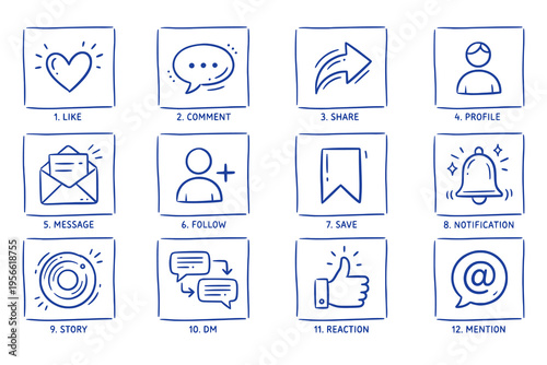 Hand-drawn social media interaction icon set in blue doodle style. Includes like, comment, share, save, and messaging elements. Suitable for apps, UI, and digital interfaces.