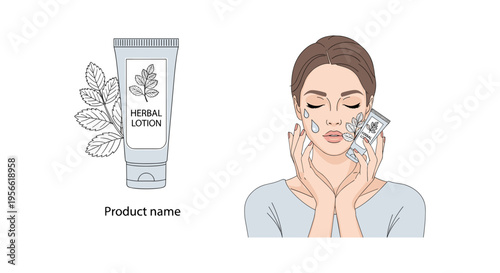 Woman applying herbal lotion in minimalist flat illustration for skincare advertising