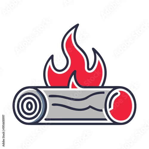 Burning Yule Log Icon with Red Flames and Wood Grain Texture for Christmas Winter Solstice Holiday Celebration