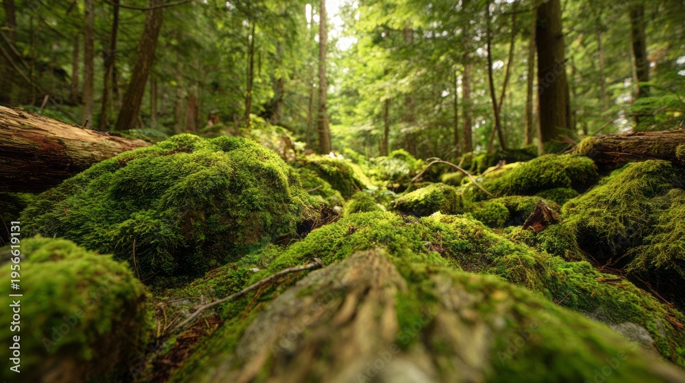 Fototapeta premium Lush Green Moss on Rocks and Logs