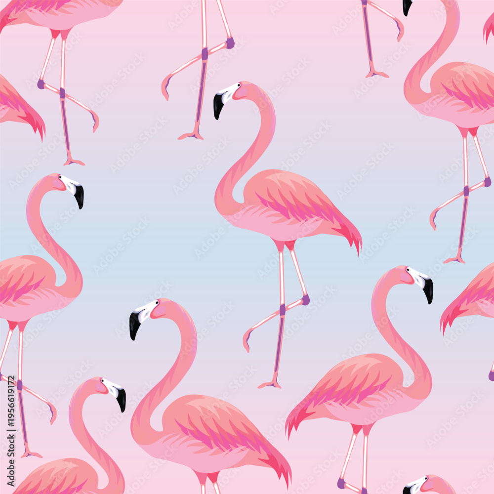 Fototapeta premium Tropical seamless pattern with flamingos. Vector illustration. Summer background