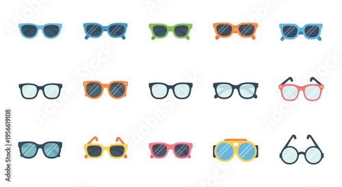 A colorful collection of various sunglasses displayed in a flat illustrative style a striking silhouette high quality professional detailed modern