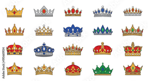 An assortment of colorful ornate crowns in an illustrative style presented against a white background silhouette high quality professional detailed modern