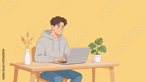 Young man working on laptop at desk
