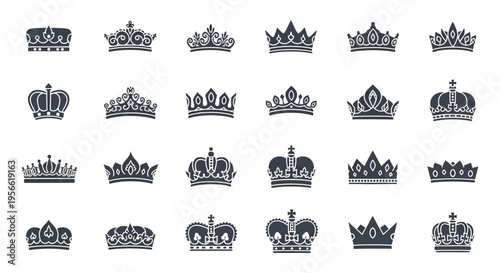An assortment of ornate royal crowns depicted in a dark minimalist style creating a striking silhouette high quality professional detailed modern