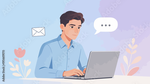 Man working on laptop with communication icons