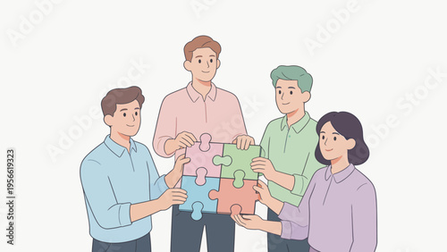 four people assembling puzzle pieces