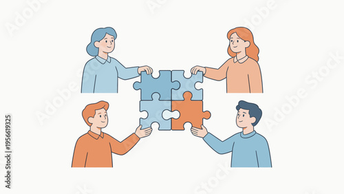 Four people assembling puzzle pieces