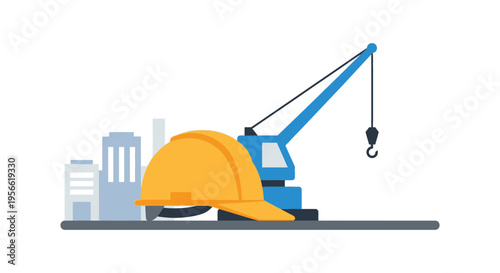 A vibrant flat illustration depicts a construction helmet and crane against a cityscape presented as a silhouette high quality professional detailed