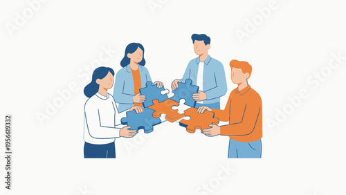 Four people assembling puzzle pieces