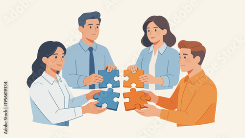 Four people assembling puzzle pieces