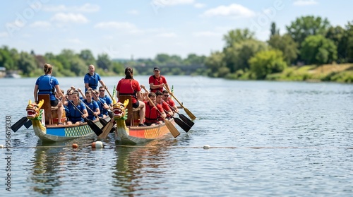 Teams of paddlers rowing in dragon boats during Dragon Boat Festival  