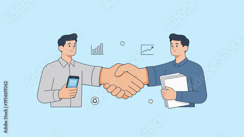 Two men shaking hands with documents and phone