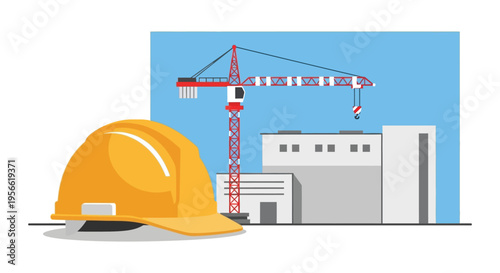Construction helmet near a building and crane showcasing industry equipment in a flat graphic silhouette high quality professional detailed modern elegant