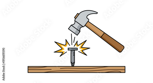 A cartoon illustration depicts a hammer striking a nail into wood creating a starburst effect silhouette high quality professional detailed