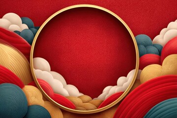 Chinese style red background with auspicious cloud patterns and gold circular frame design