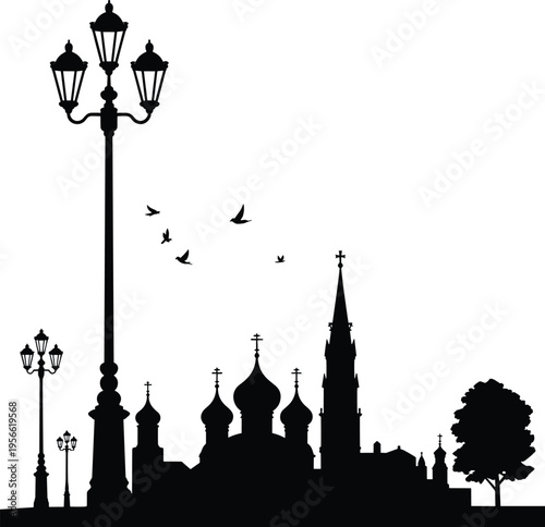Black and white silhouette illustration of cityscape with onion domes, ornate street lamps, tree, and flying birds, symbolizing culture, history, and architectural heritage.