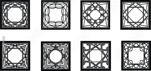 Set of intricate geometric patterns abstract square frames in black and white vector illustration ideal for decorative design elements