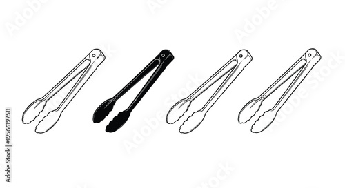 Four kitchen serving tongs, including one black plastic unit, are displayed against a stark white background for graphic design.