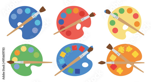 Colorful paint palettes with brushes are arranged in a grid evoking artistic expression and creativity silhouette high quality professional detailed modern