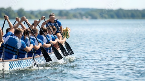 Team of rowers paddling energetically in a dragon boat on lake  