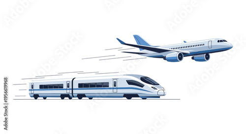 A sleek airplane and a high speed train race across a white background showcasing modern transportation silhouette high quality professional detailed elegant