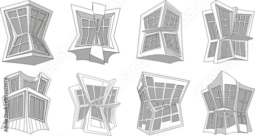 Eight unique abstract architectural structures rendered as modern vector line art elements perfect for urban design or conceptual projects