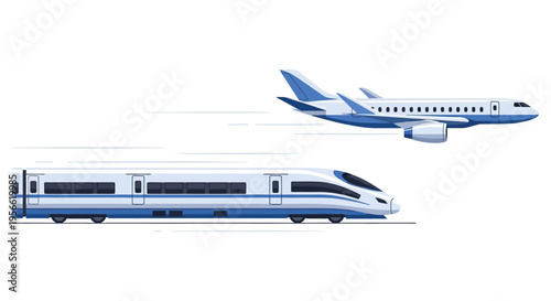 A modern illustration depicts a speeding airplane and high speed train traveling in parallel showcasing transport silhouette high quality professional detailed elegant